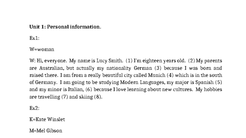 Tapescript-Pre- Ielts - Unit 1: Personal information. Ex1: W=woman W ...
