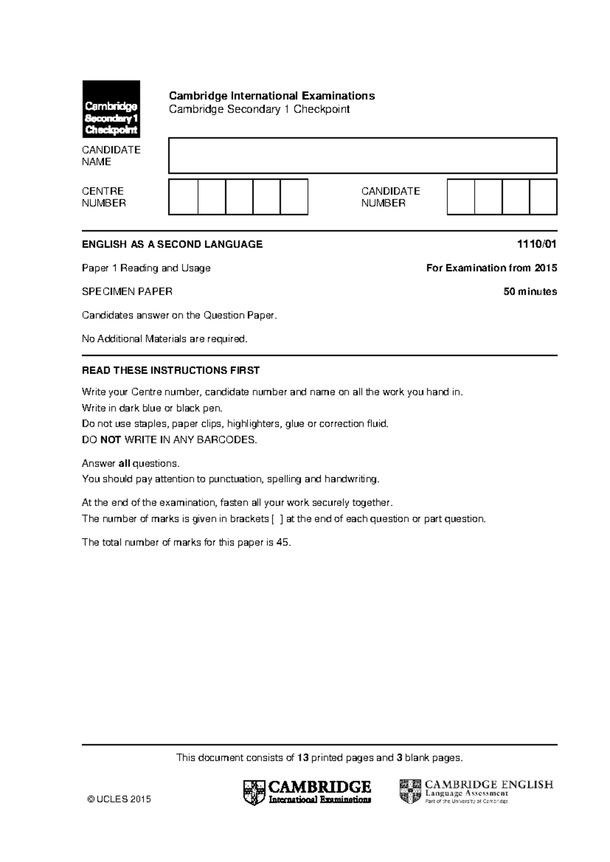 ESL Specimen Paper 1: Reading & Usage (2015) - Studocu