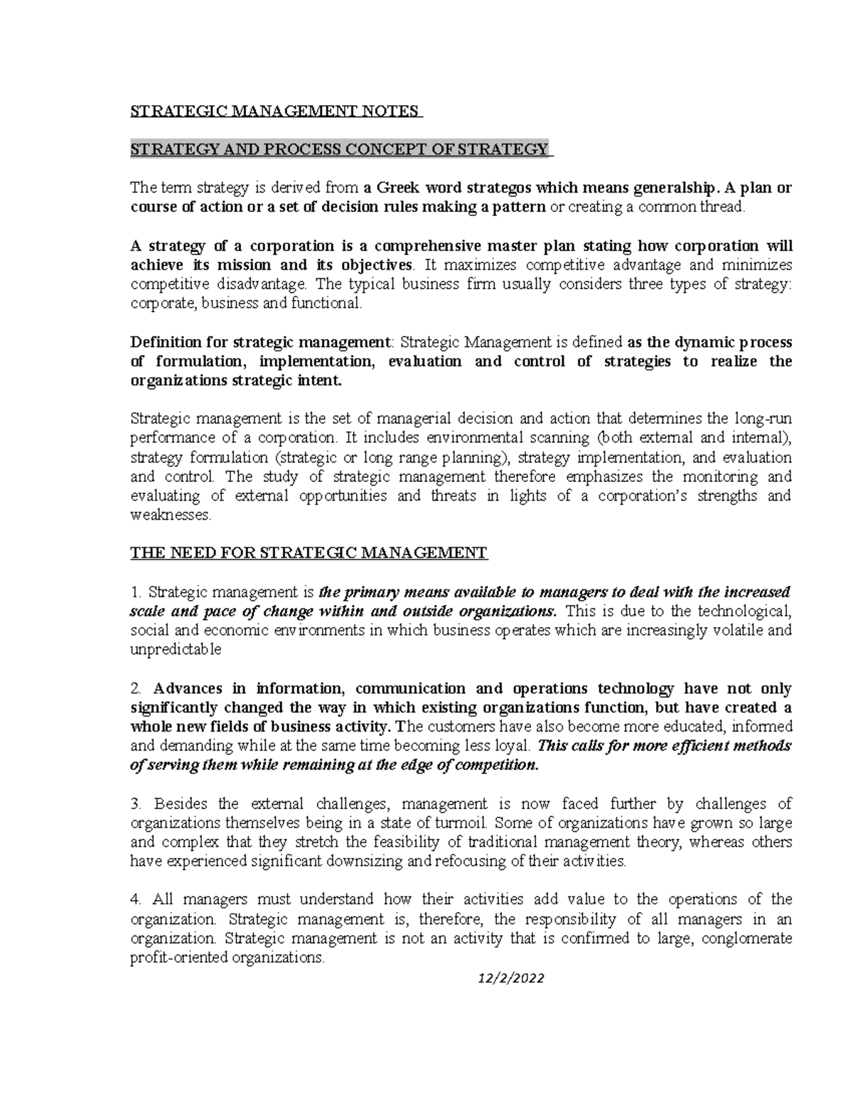 Strategic Management Notes: Key Concepts and Process Overview - Studocu