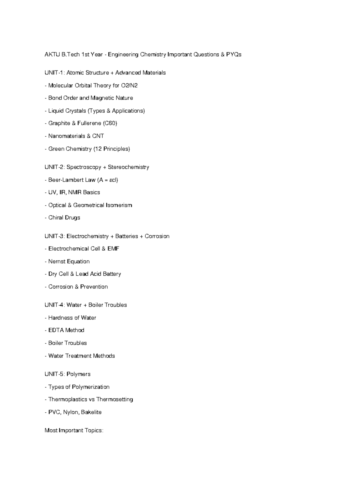 AKTU B.Tech 1st Year Engg Chemistry Important Questions & PYQs - Studocu