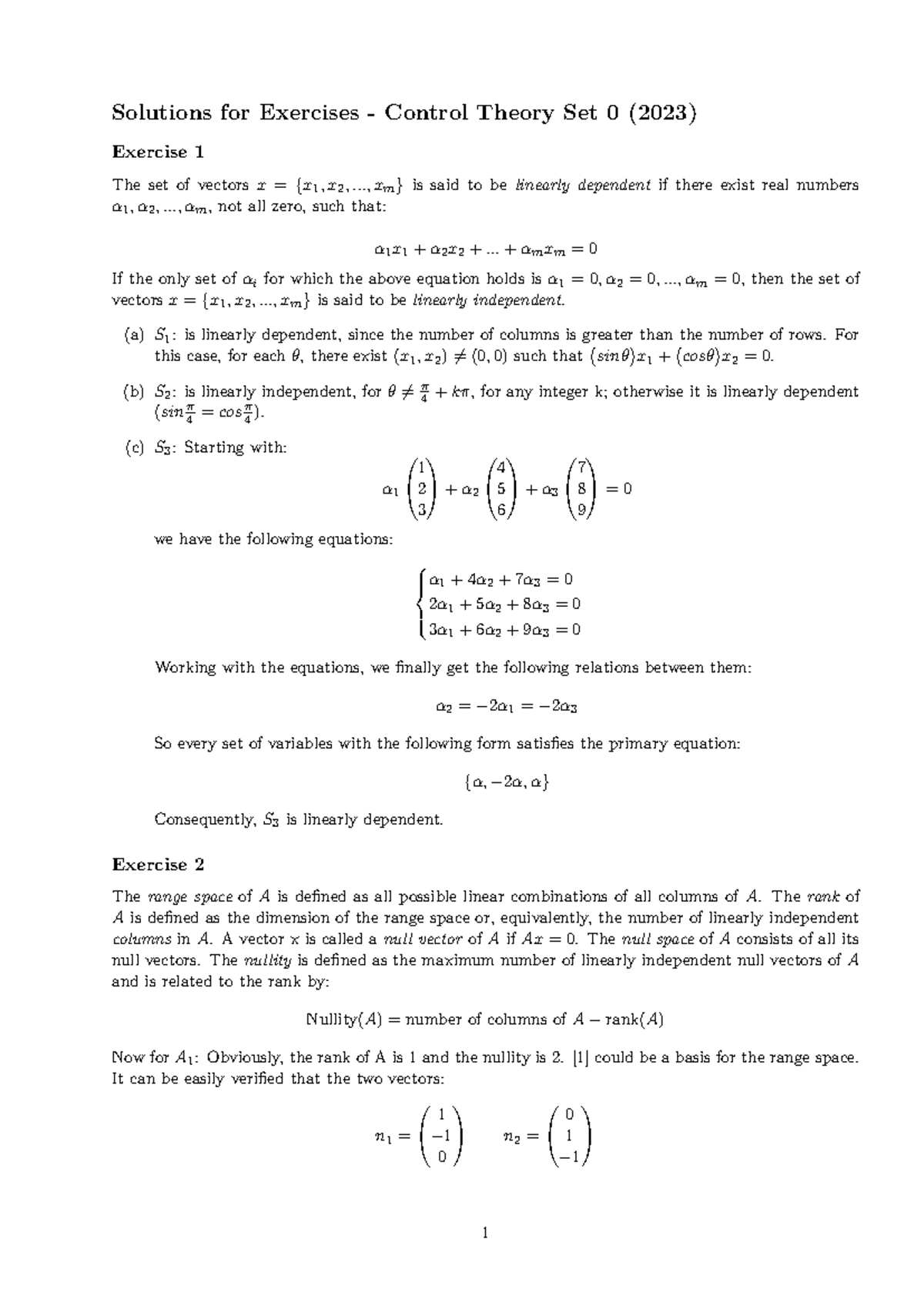 Solutions for Control Theory Exercises Set 0 (2023) - Studeersnel