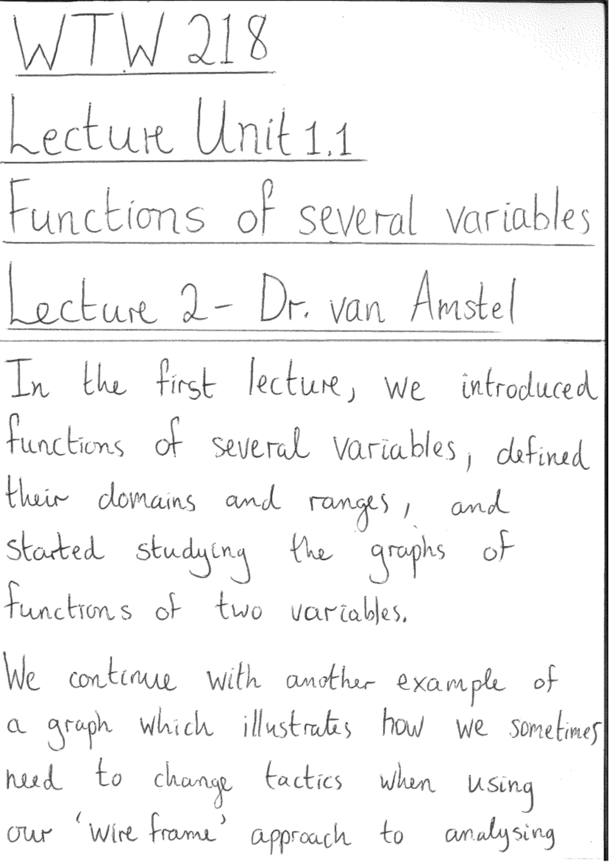 WTW218 Lecture Unit 1.1: Functions of Several Variables Pre-Notes - Studocu