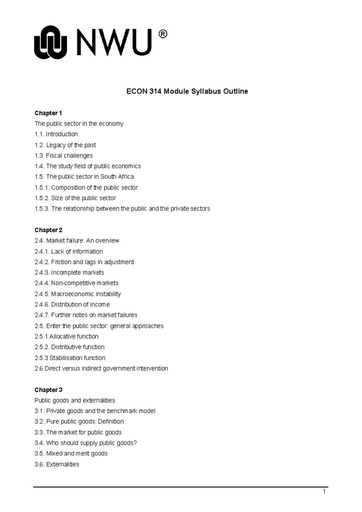 ECON 314 Module Syllabus Outline: Public Economics & Government ...