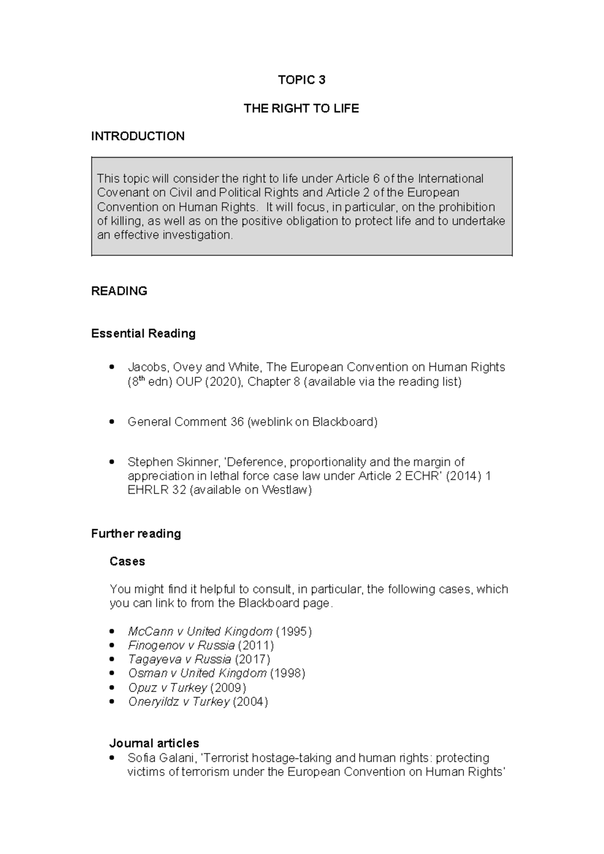 Seminar 3 - International Human Rights: The Right to Life and ECHR ...