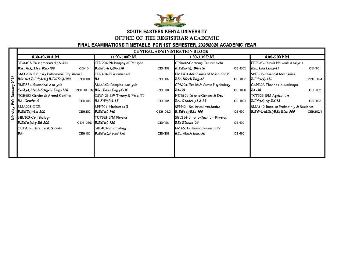 Final Exam Timetable for 1st Semester 2025-2026 at SEKU - Studocu