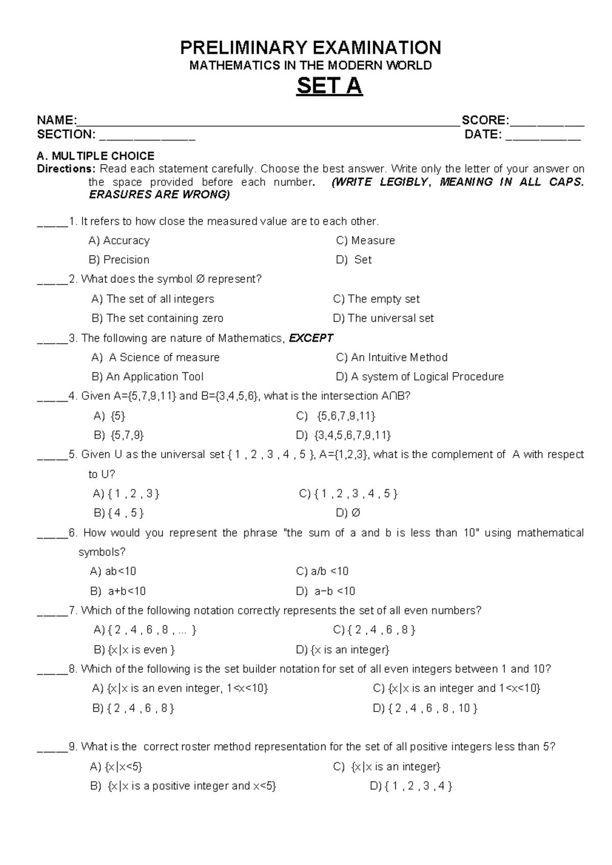 MMW Preliminary EXAM SEP. 16, 2024 - PRELIMINARY EXAMINATION ...