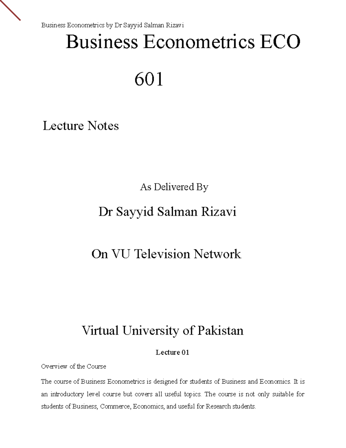 Business Econometrics ECO 601 Midterm Lecture Notes by Dr. Rizavi - Studocu