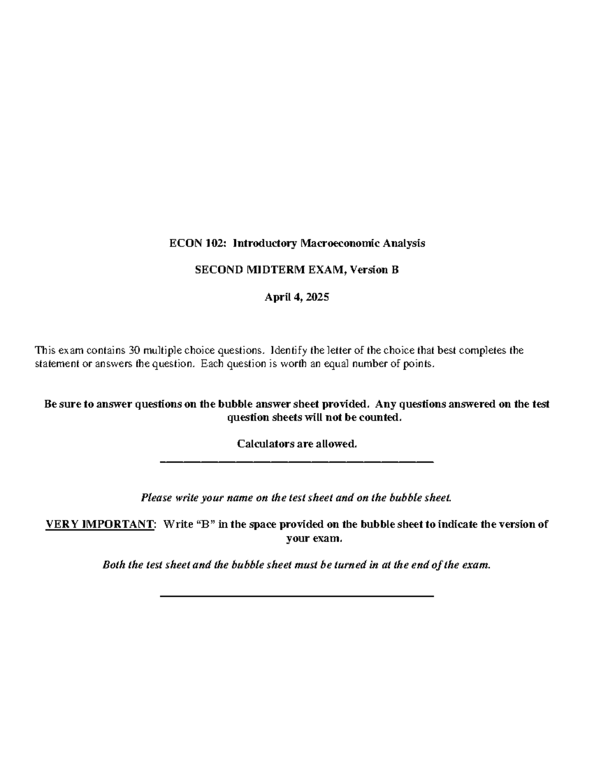 3 EC 102 AA,BB,CC Spring 2025, Midterm 2, Version B - ECON 102 ...