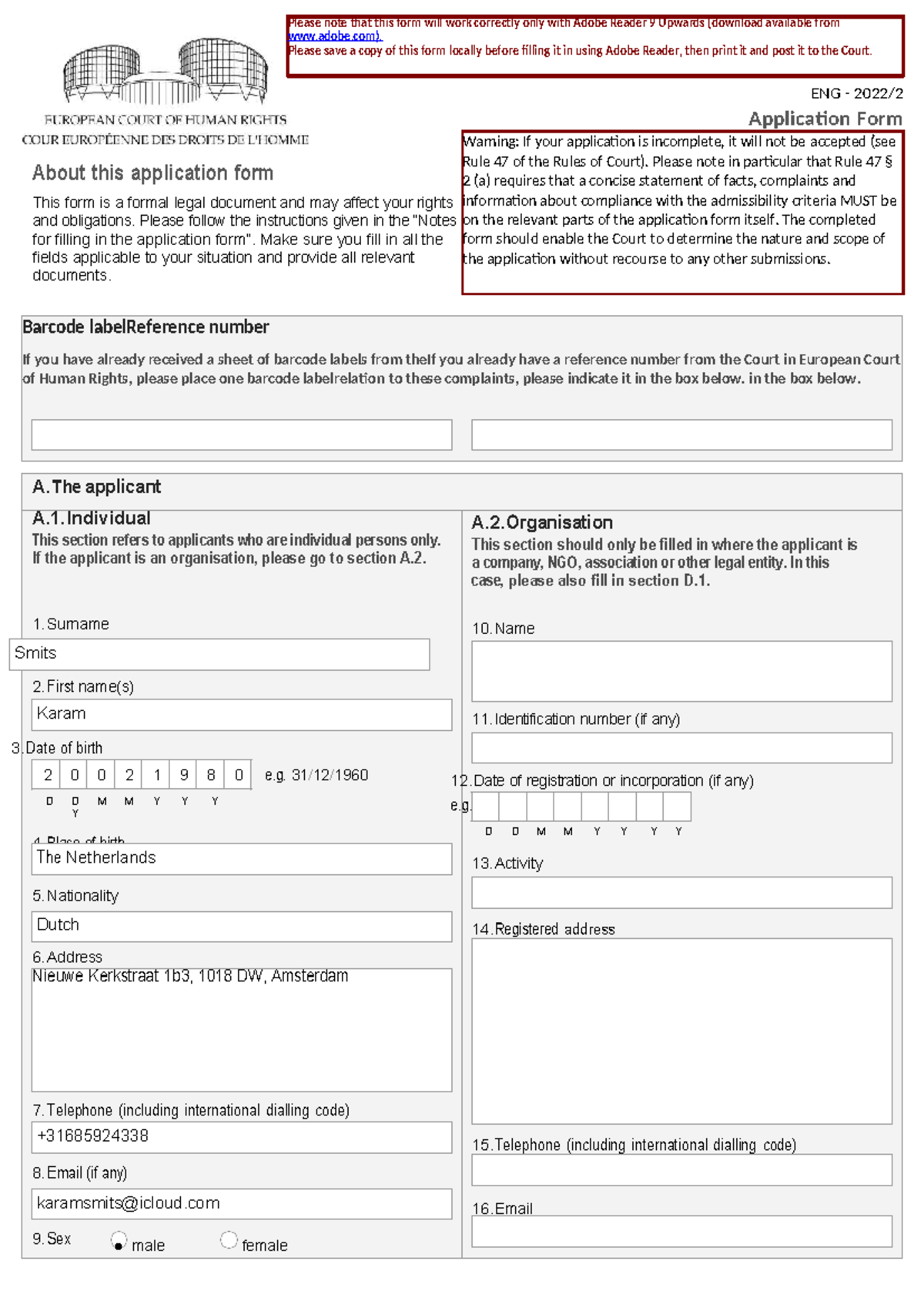 European Court of Human Rights Application Form - ACP Assignment 2 ...