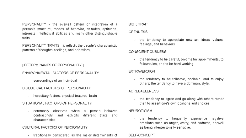 UTS Midterms Reviewer: Understanding Personality and Self - Studocu