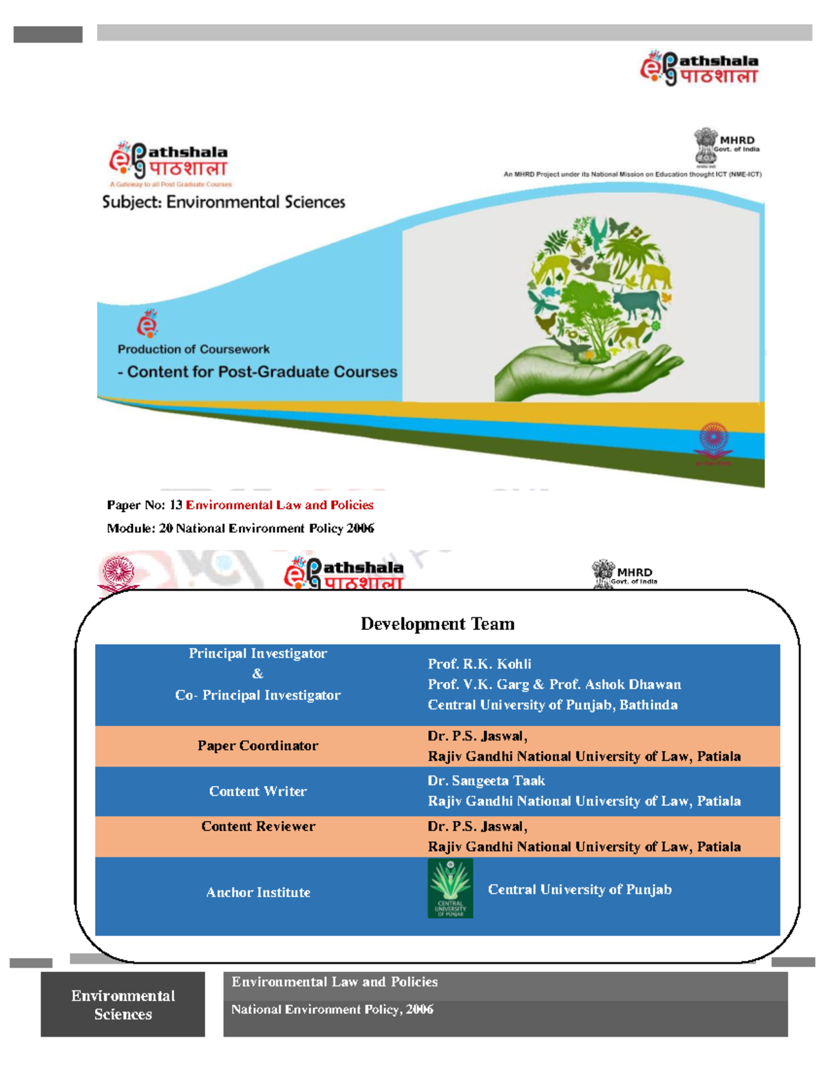 Environmental Law and Policies: National Environment Policy 2006 ...