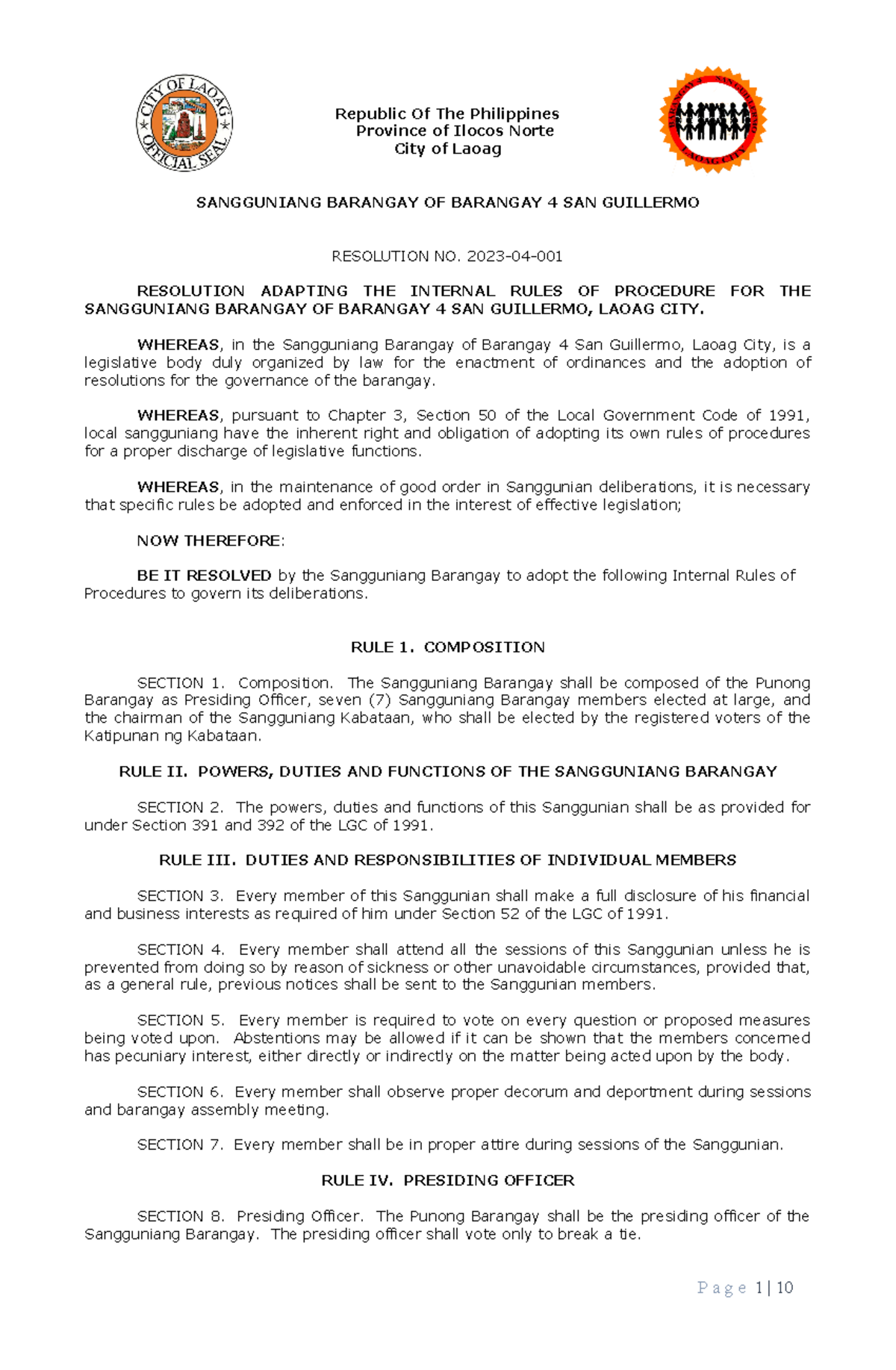 Internal Rules Of Procedure For Sangguniang Barangay 4 San Guillermo