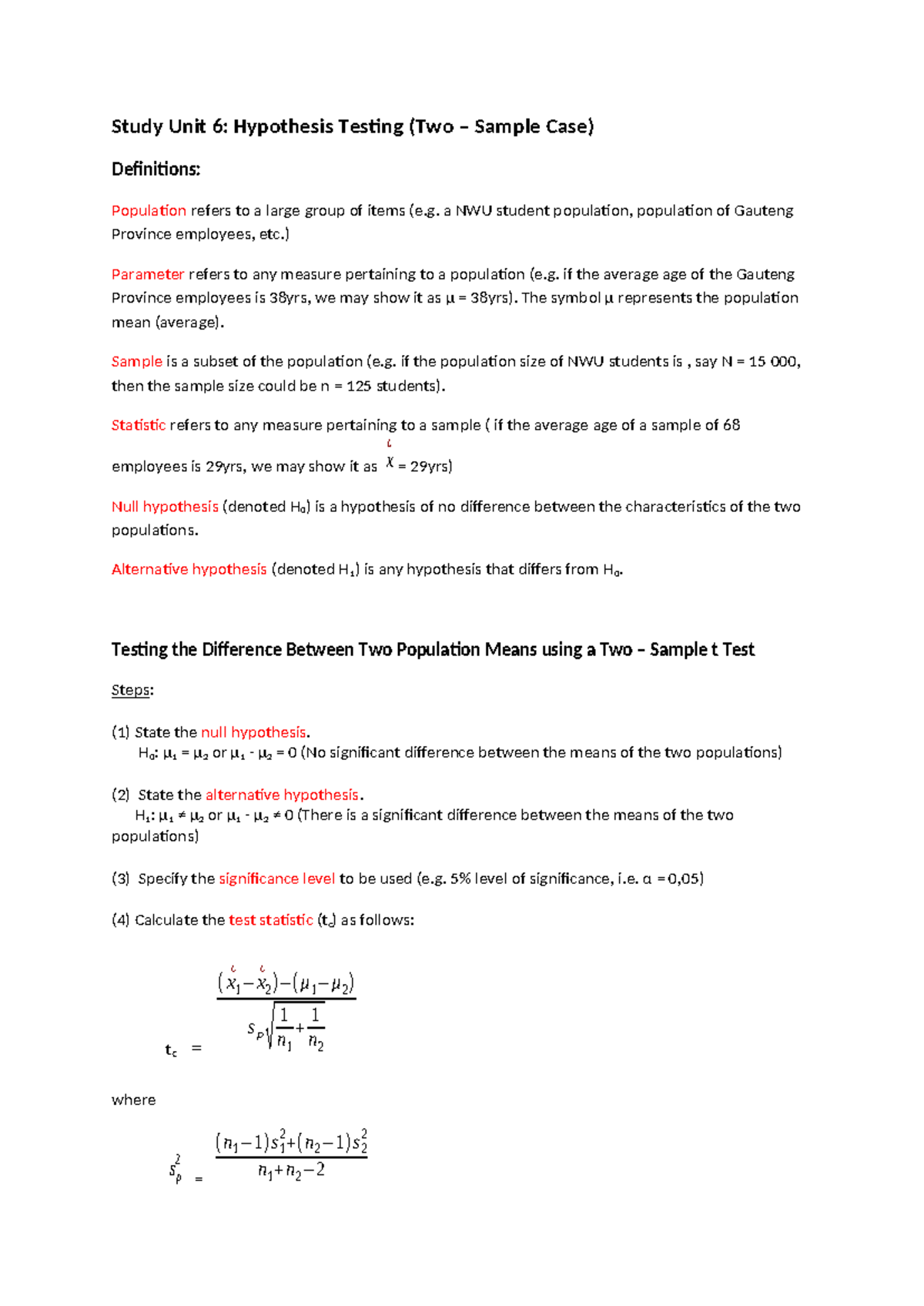 STFM125 Study Unit 6: Hypothesis Testing for Two Samples - Studocu