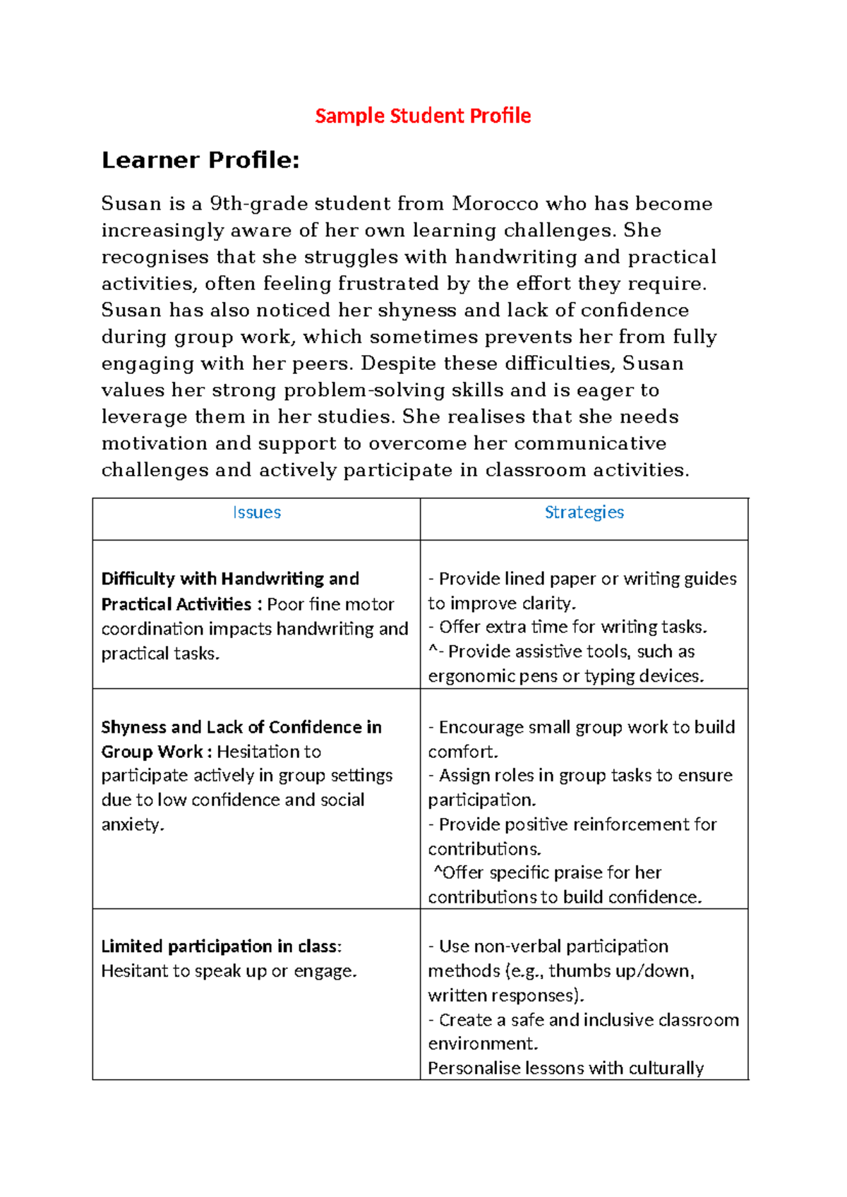 Student Profile Analysis: Support Strategies for 9th Grader - Studocu