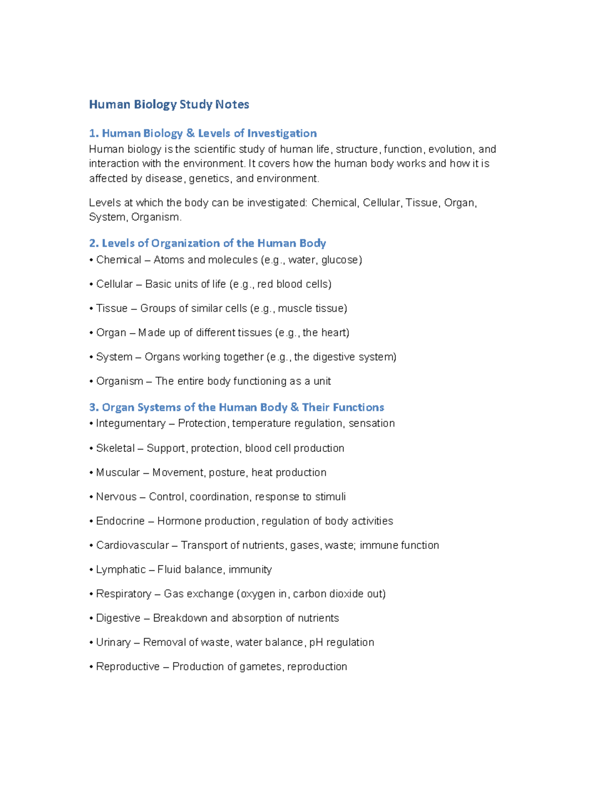 Human Biology Study Notes: Levels of Investigation and Organization ...