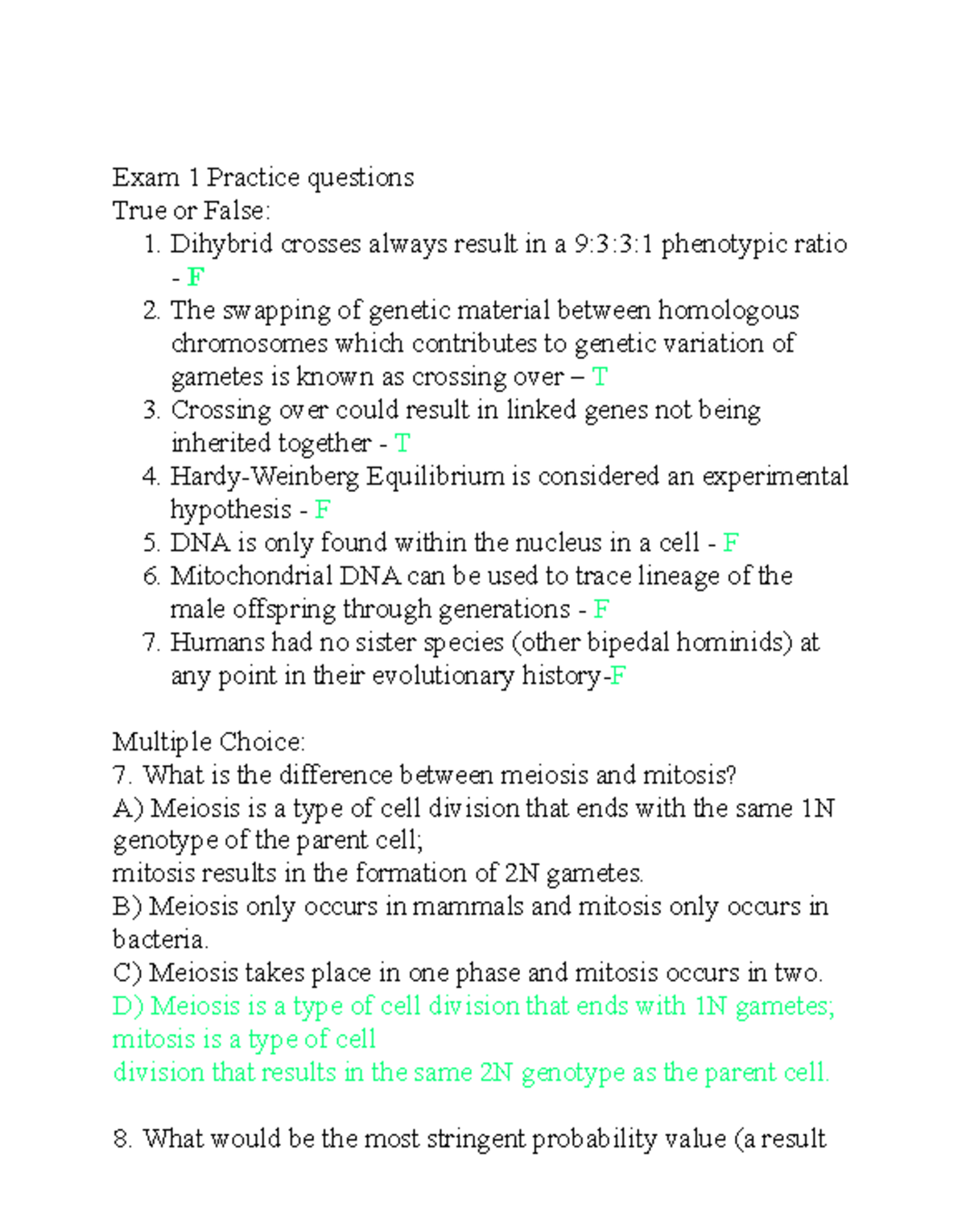 Biology 101: Exam 1 Practice Questions on Genetics and Evolution - Studocu