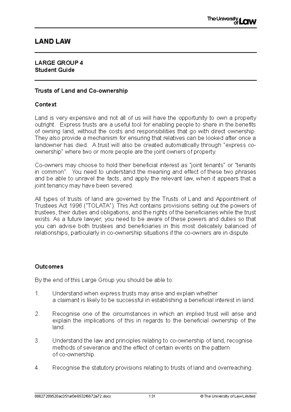 Land Law 4 - Workshop 4: Understanding Trusts of Land and Ownership ...