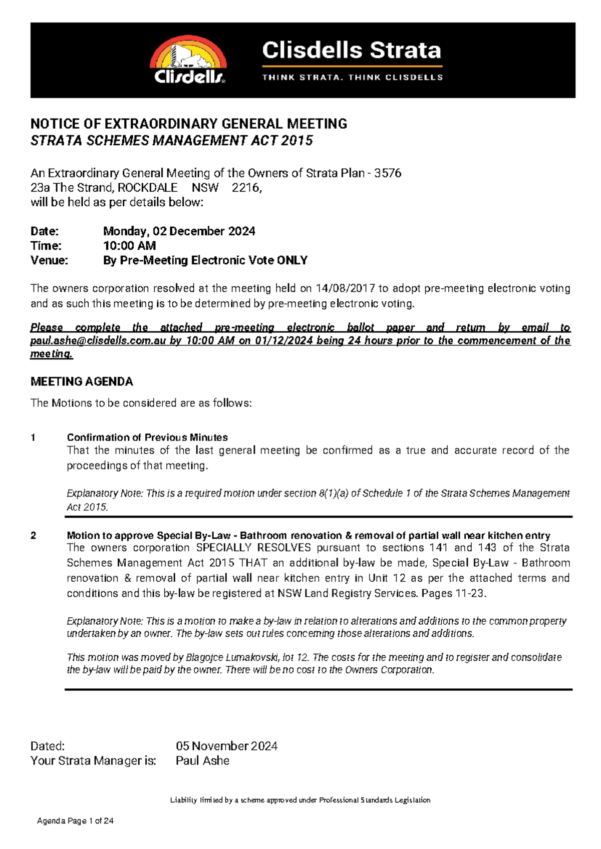 Extraordinary General Meeting Notice - Strata Plan 3576, Dec 2024 - Studocu