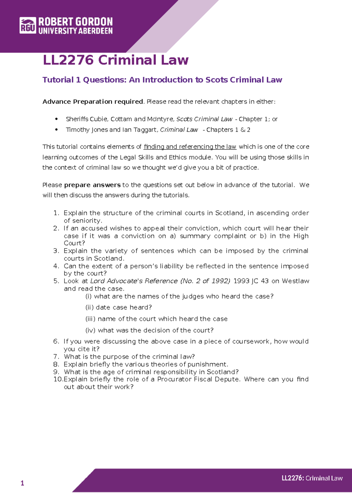LL2276 Criminal Law Tutorial 1: Key Questions & Concepts - Studocu