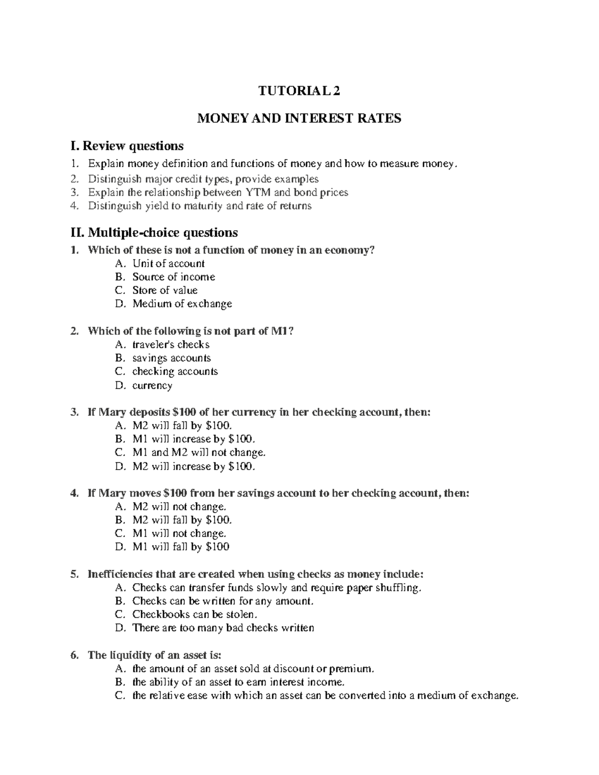 Tutorial 2: Money and Interest Rates Review Questions - MAC - Studocu