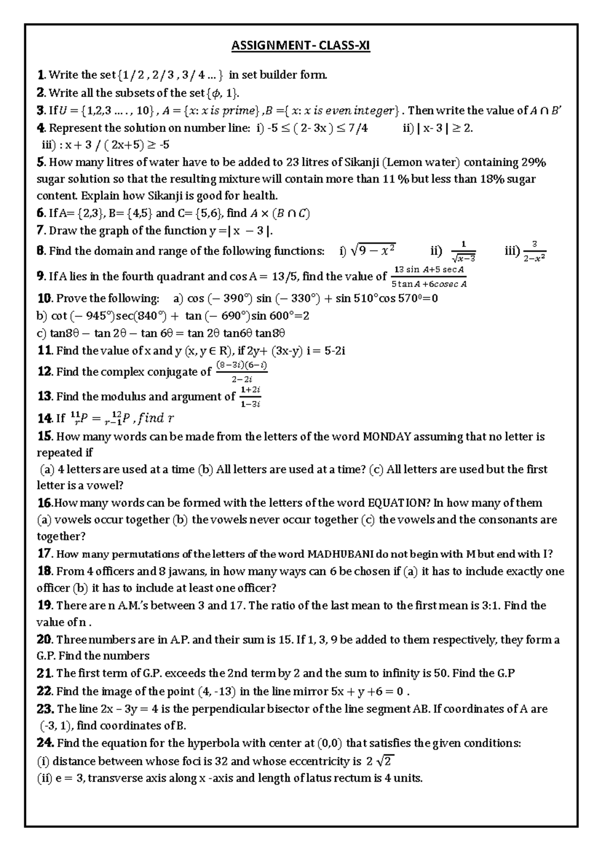 Class XI Maths Assignment Questions - Set Theory & Functions - Studocu