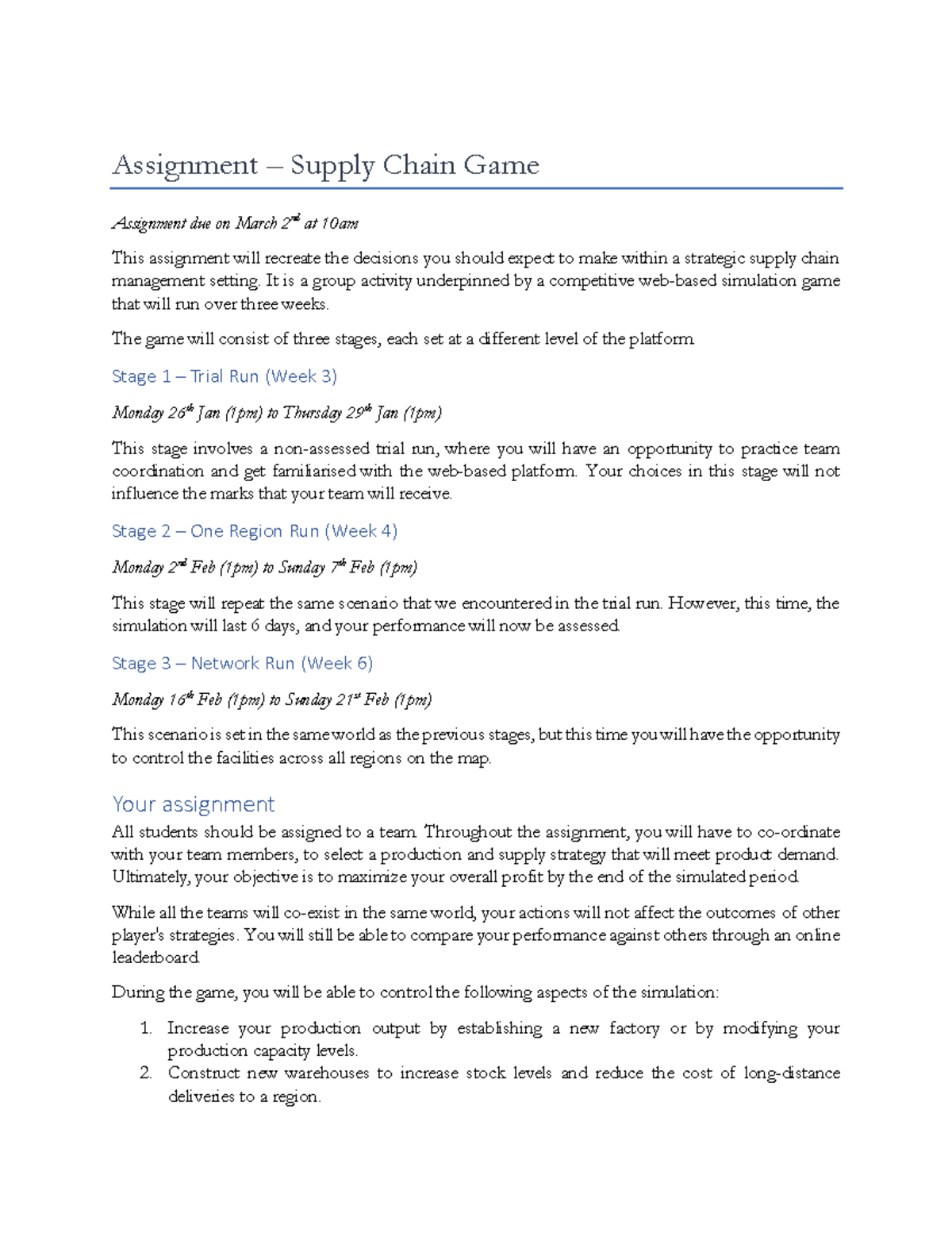 Supply Chain Game Assignment 1: Instructions & Key Dates - Studocu
