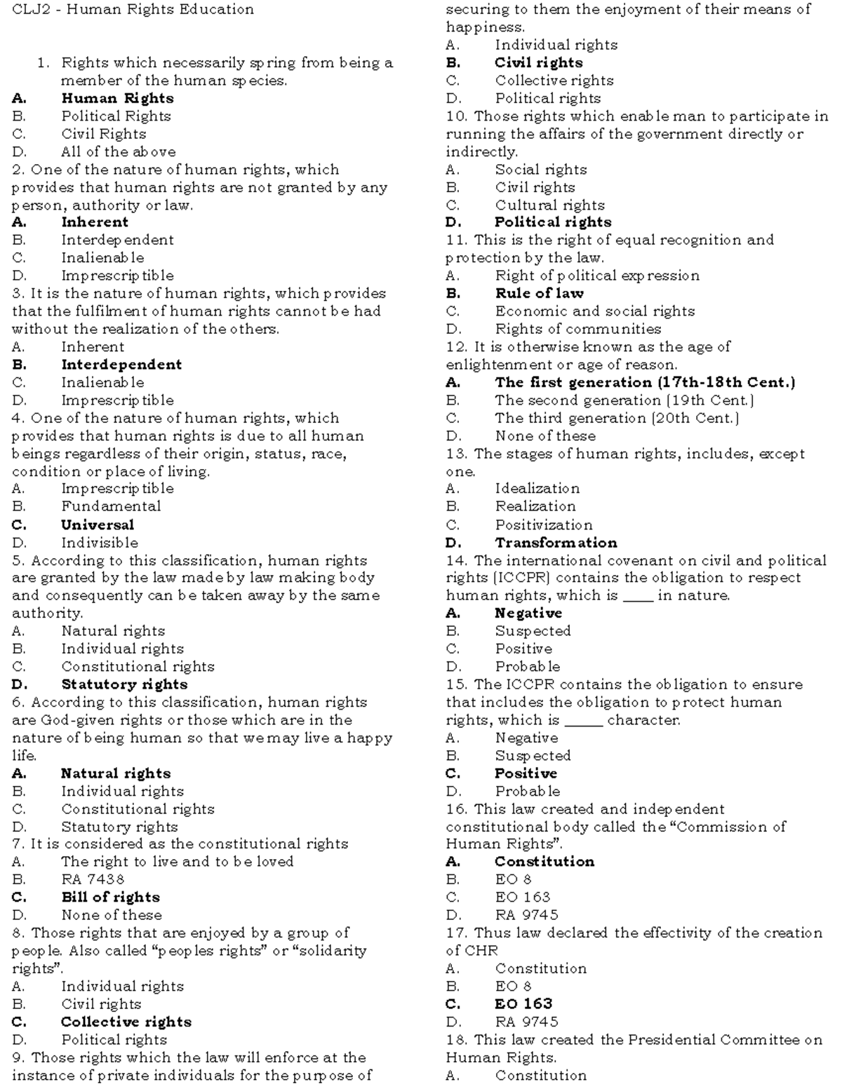 CLJ2 Human Rights Education: Critical Thinking Practice Questions - Studocu