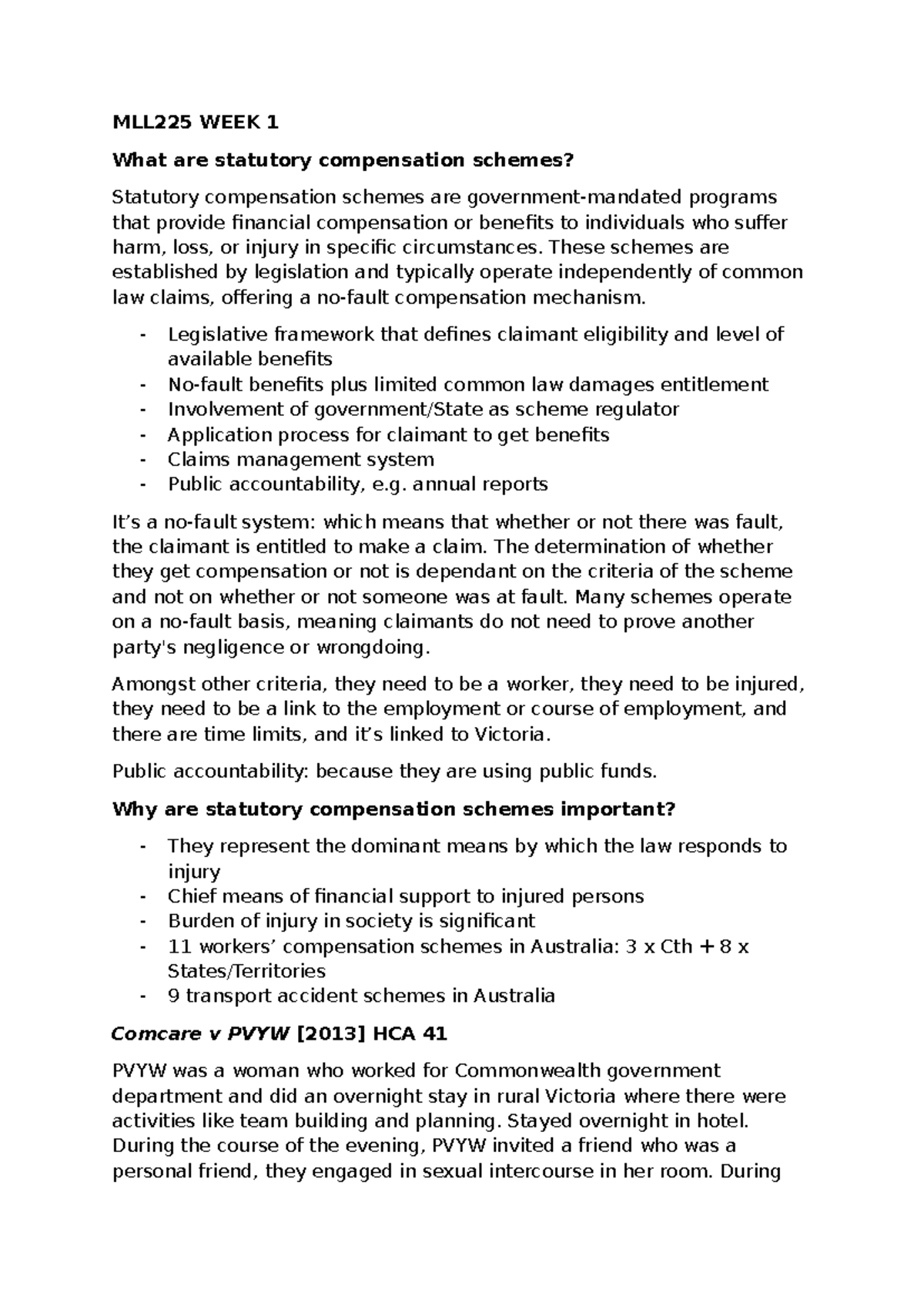 MLL225 WEEK 1 - Overview of Statutory Compensation Schemes in Victoria ...