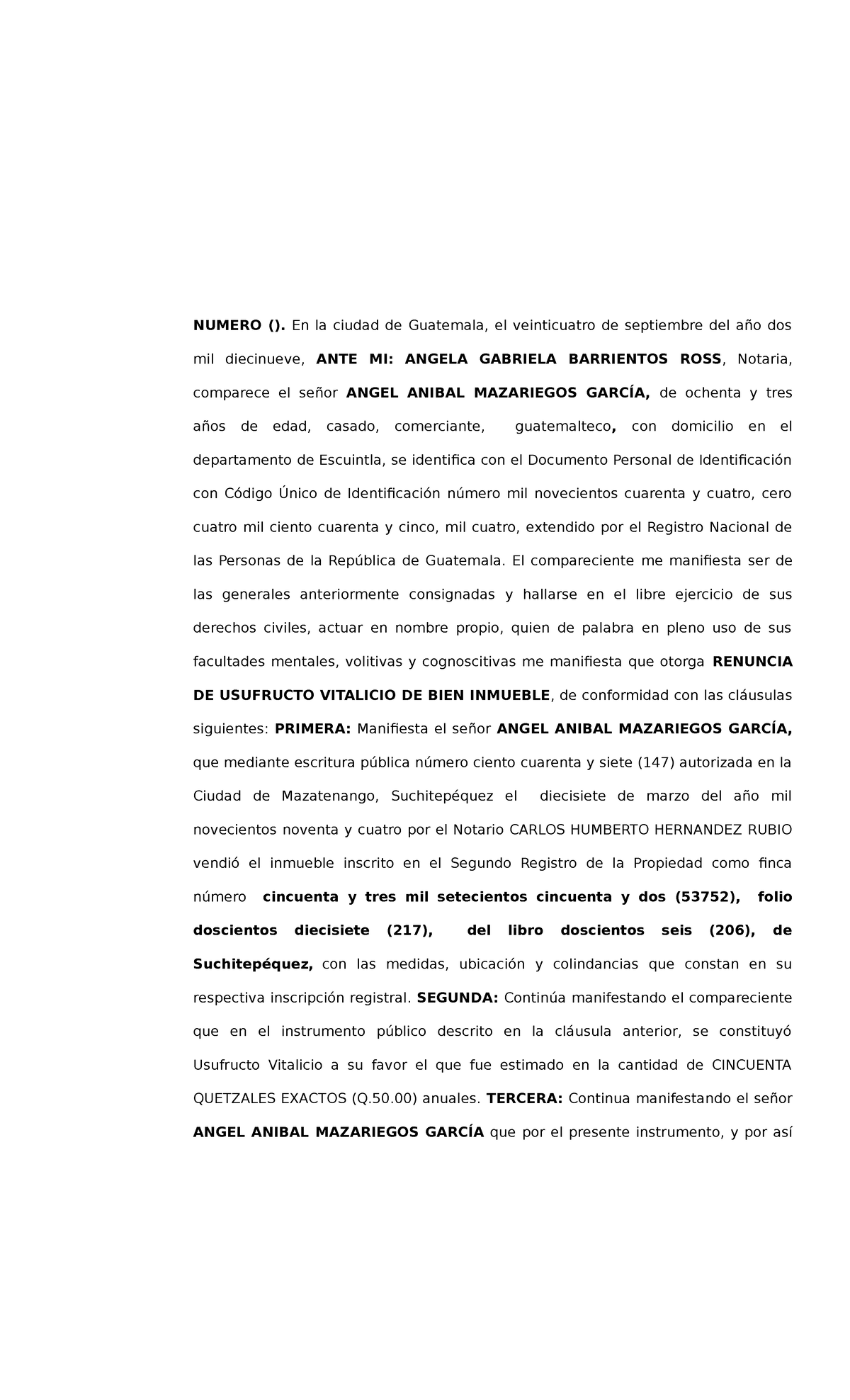Renuncia de Usufructo Vitalicio de Bien Inmueble en Guatemala - Document Preview
