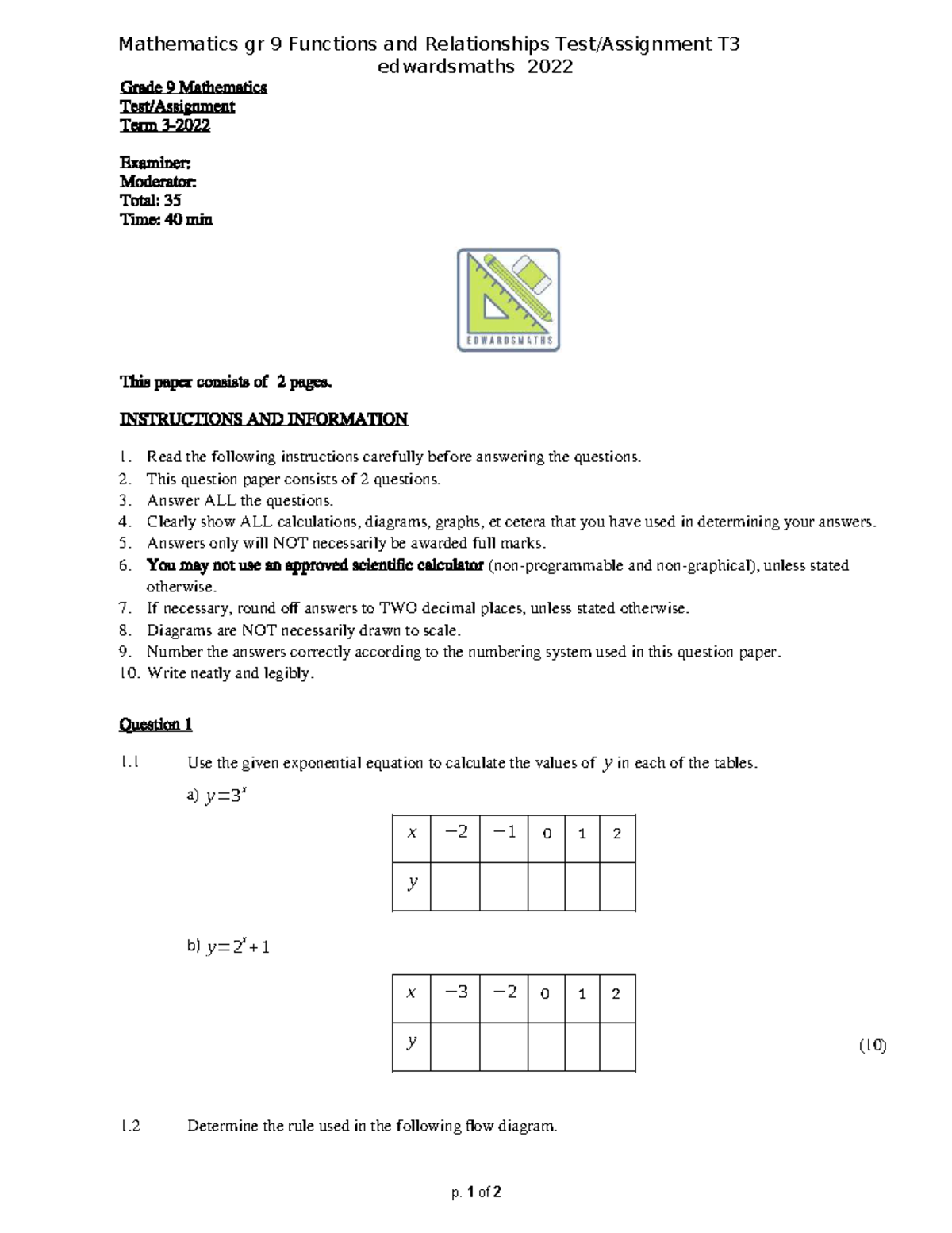 Gr 9 Maths Functions & Relationships T3 Test 2022 - Studocu