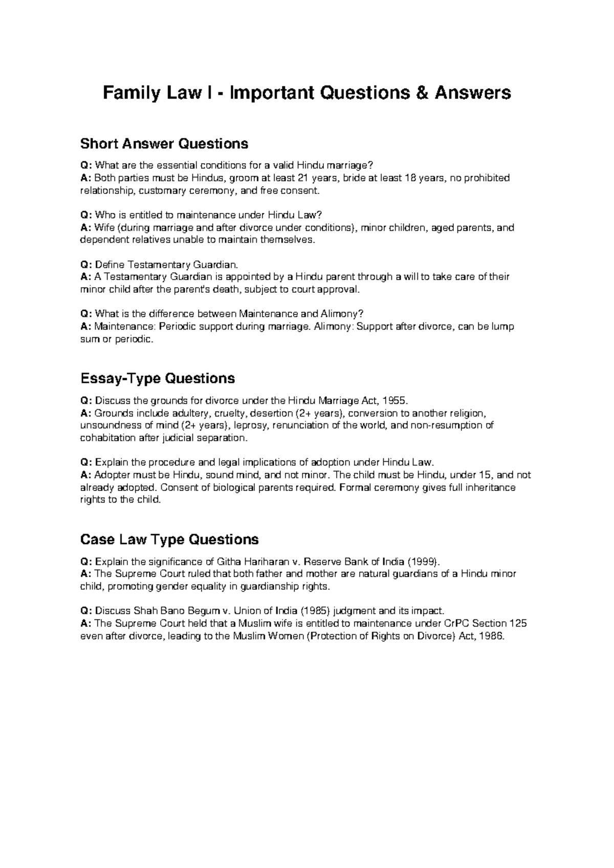 Family Law I Important Q&A: Key Concepts and Case Law Insights - Studocu