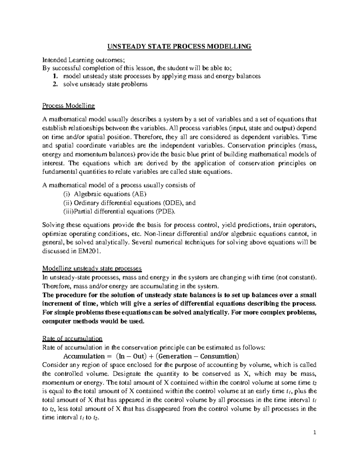 Lecture 13: Modelling Unsteady State Processes (EM201) - Studocu