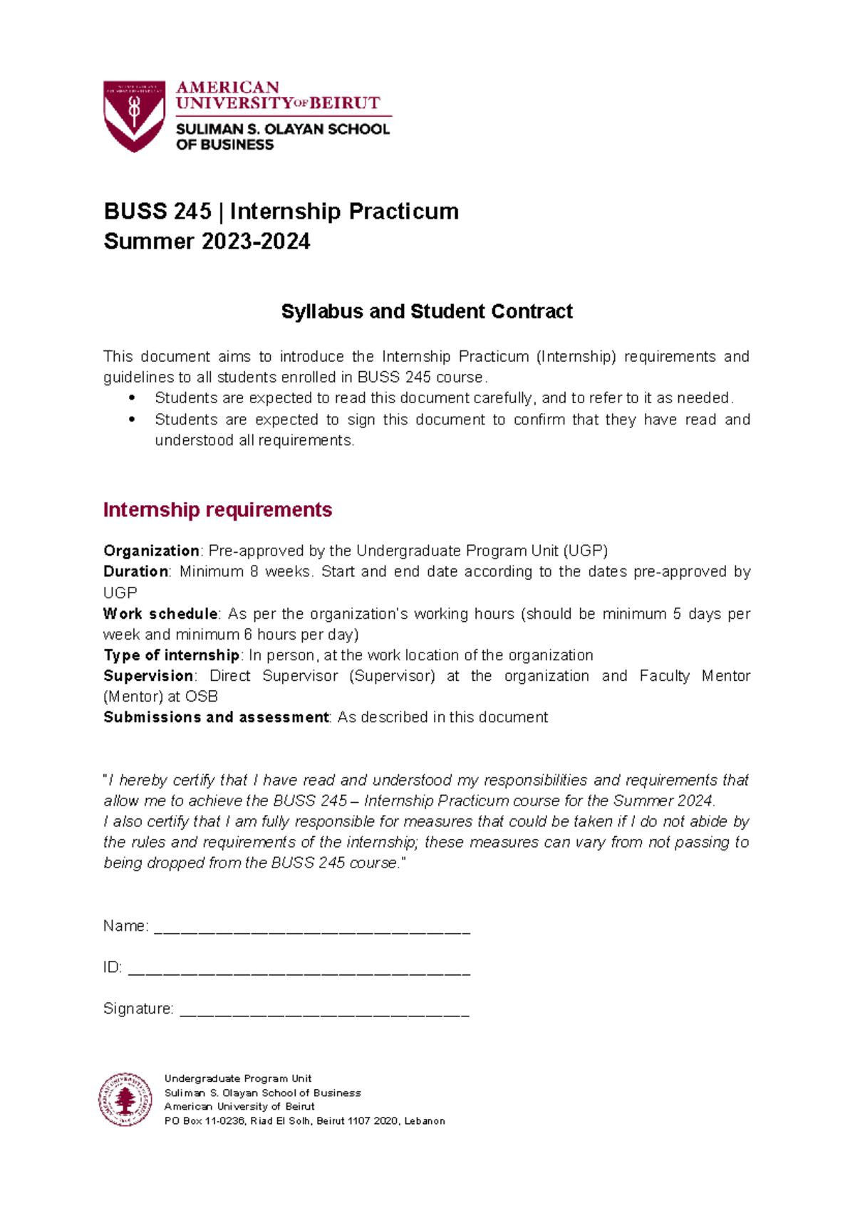 BUSS 245 Summer 2024 Internship Practicum Syllabus & Student Contract ...