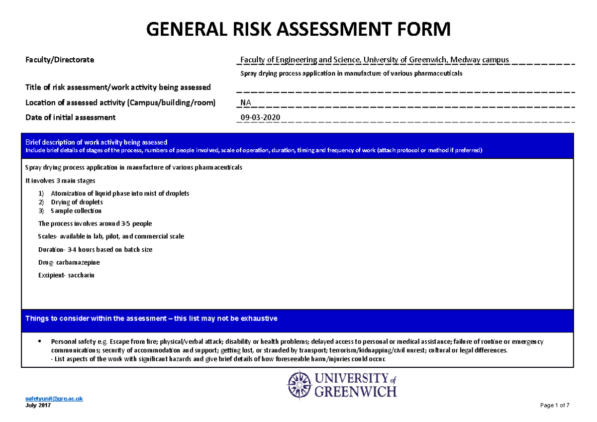 Risk Assessment Form for Spray Drying Process in Pharma Manufacturing ...