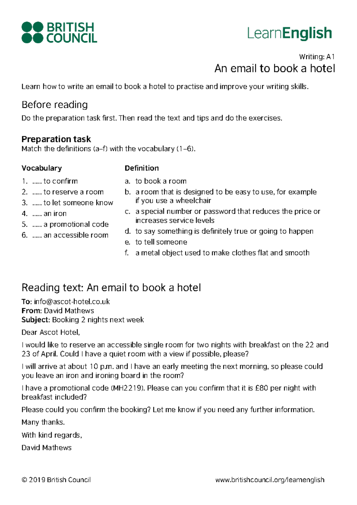 Writing: A1 Email to Book a Hotel - Tips & Exercises - Studocu