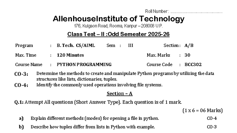 Python Programming CT II (BCC302) - Class Test Notes - Studocu