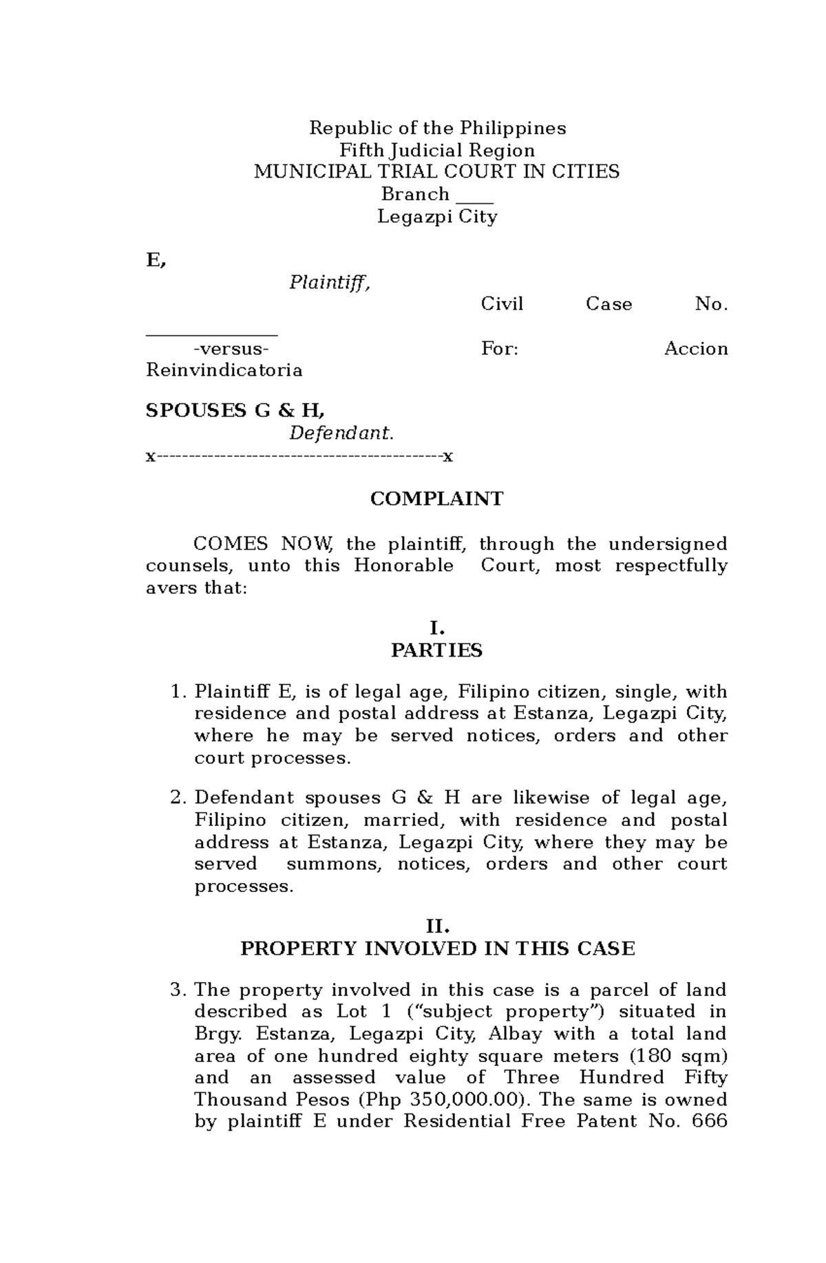 Civil Case Complaint: E vs. Spouses G H - CLE2 - Studocu
