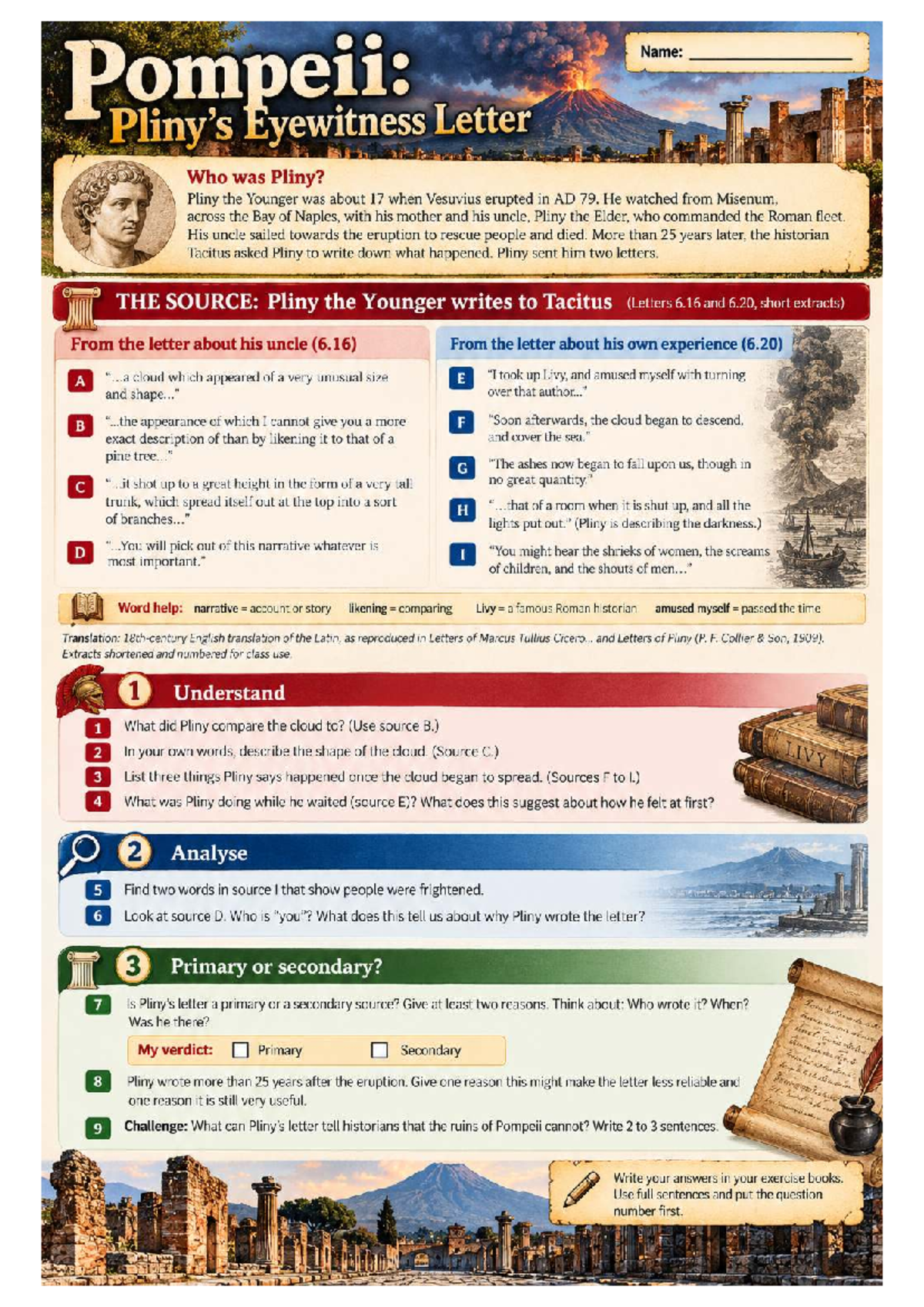 Pompeii: Pliny's Eyewitness Account Worksheet (AD 79) - Studocu