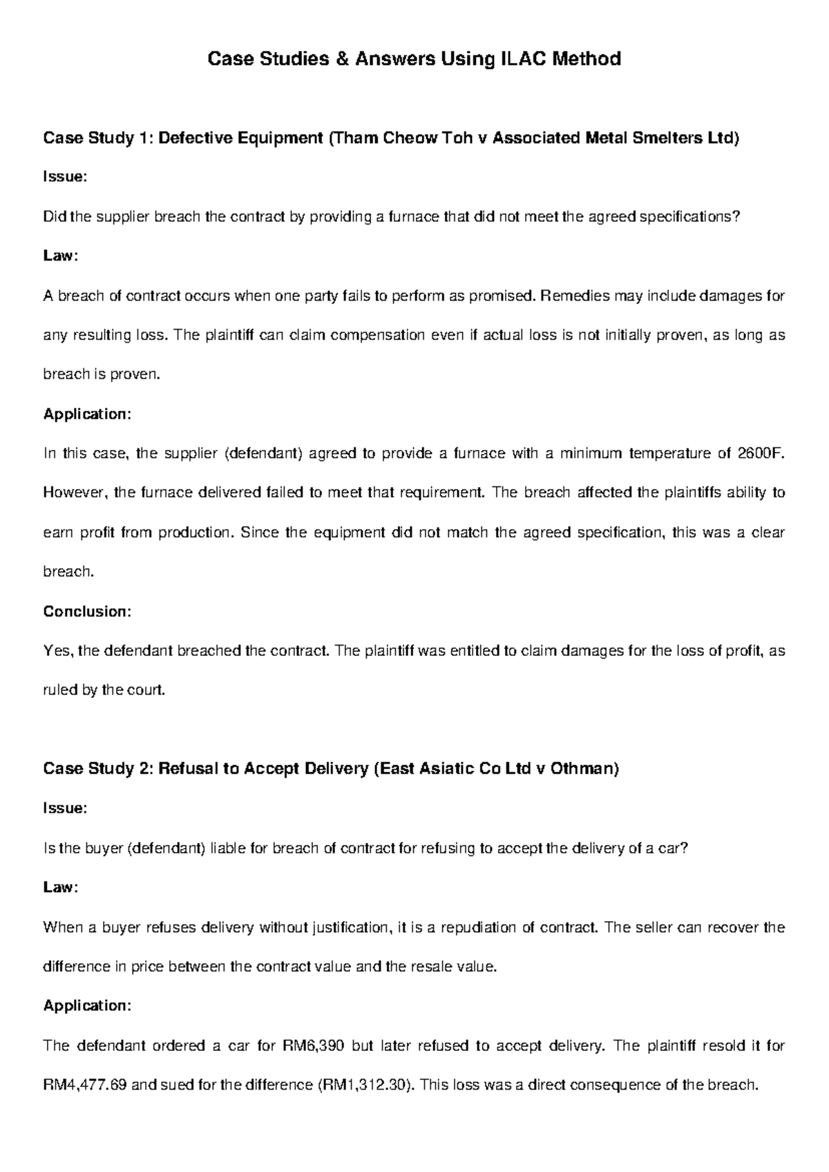 ILAC Case Studies on Contract Breaches and Remedies 250610 - Studocu