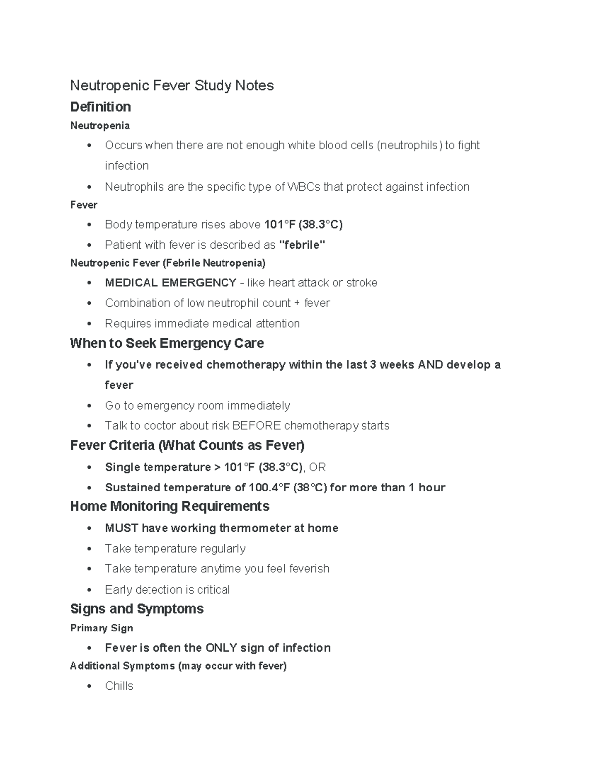 Neutropenic Fever Study Notes: Understanding Risks & Prevention - Studocu