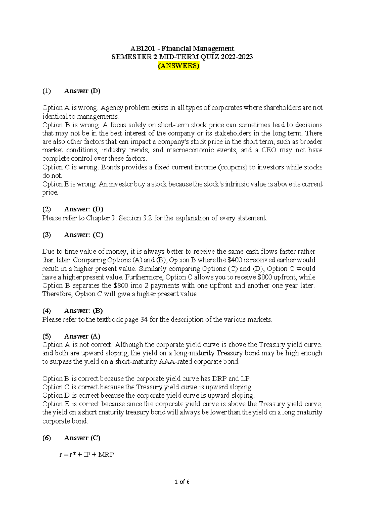 AB1201 22S2A - Financial Management Midterm Quiz Answers - Studocu