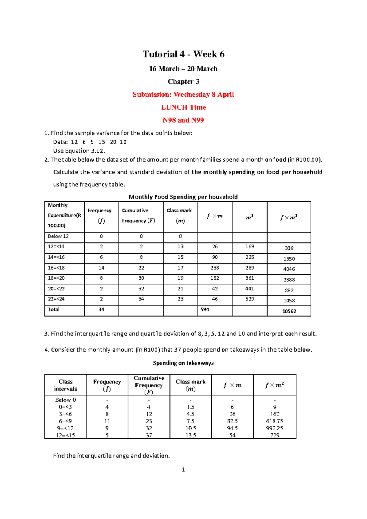Tutorial 4: Week 6 Variance & Standard Deviation Calculations - Studocu