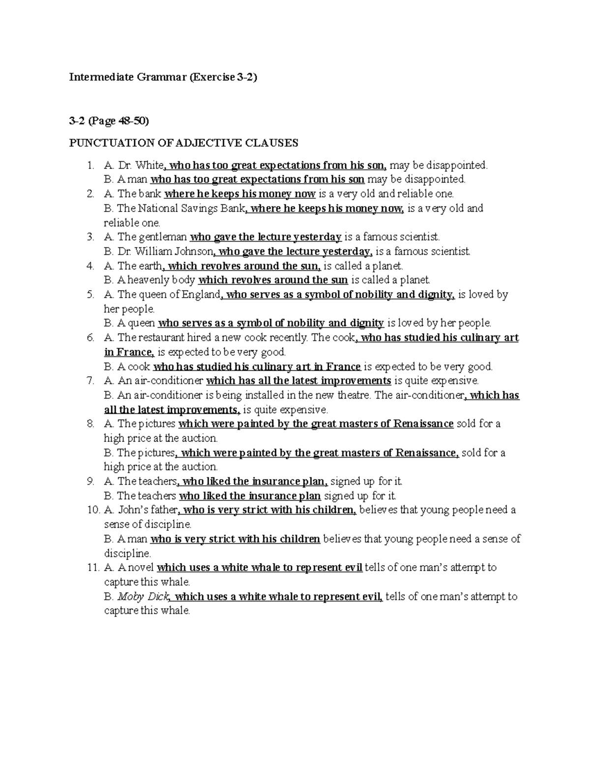 Intermediate Grammar Exercises: Punctuation of Adjective Clauses - Studocu