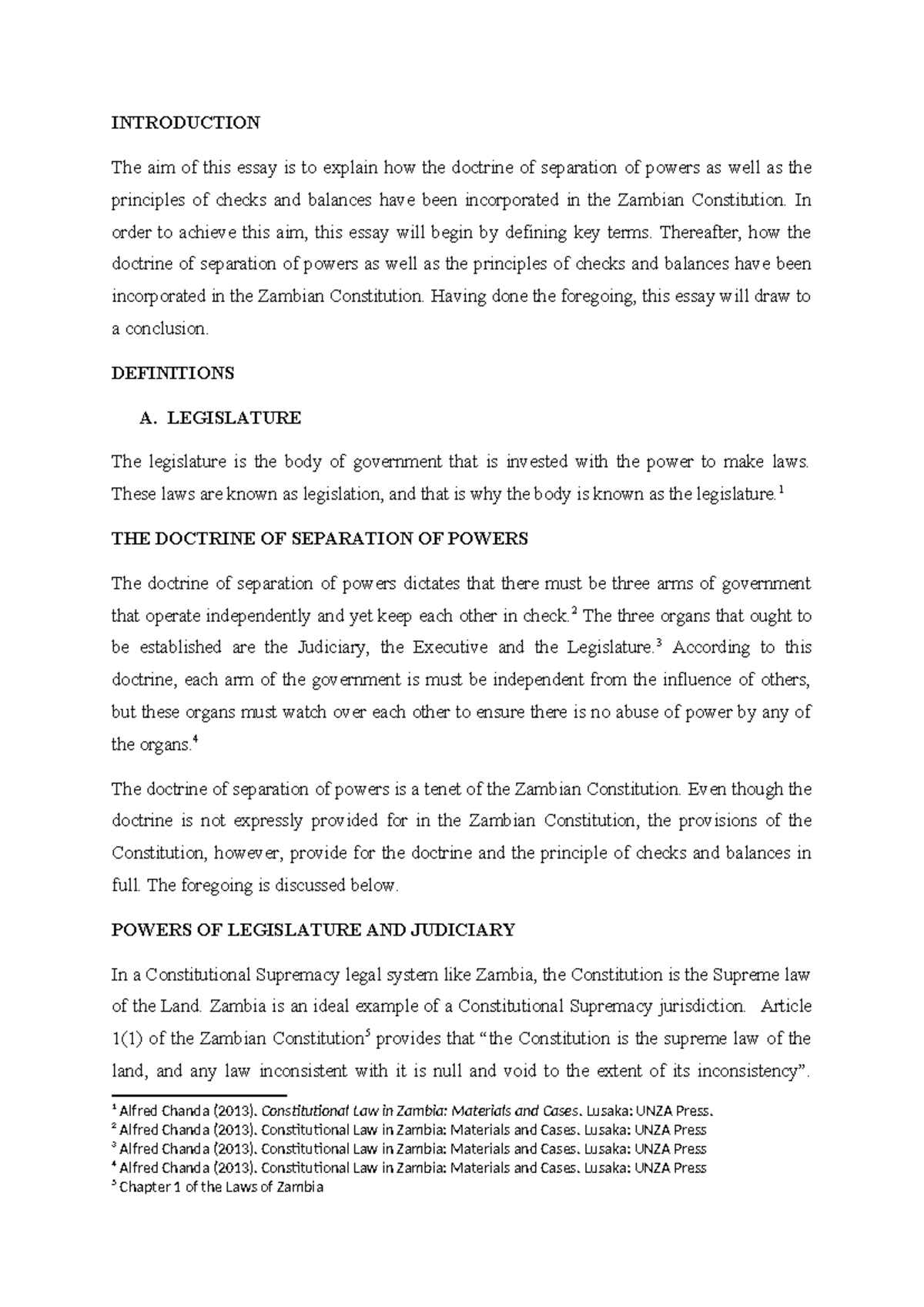 Admin law assignment GG: Separation of powers in the Zambian ...