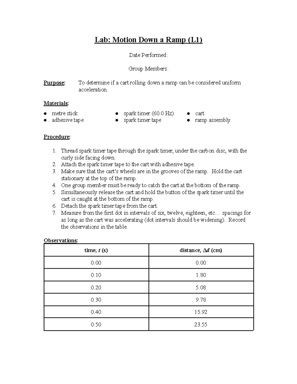 Lab: Motion Down a Ramp (L1) - Uniform Acceleration Analysis - Studocu