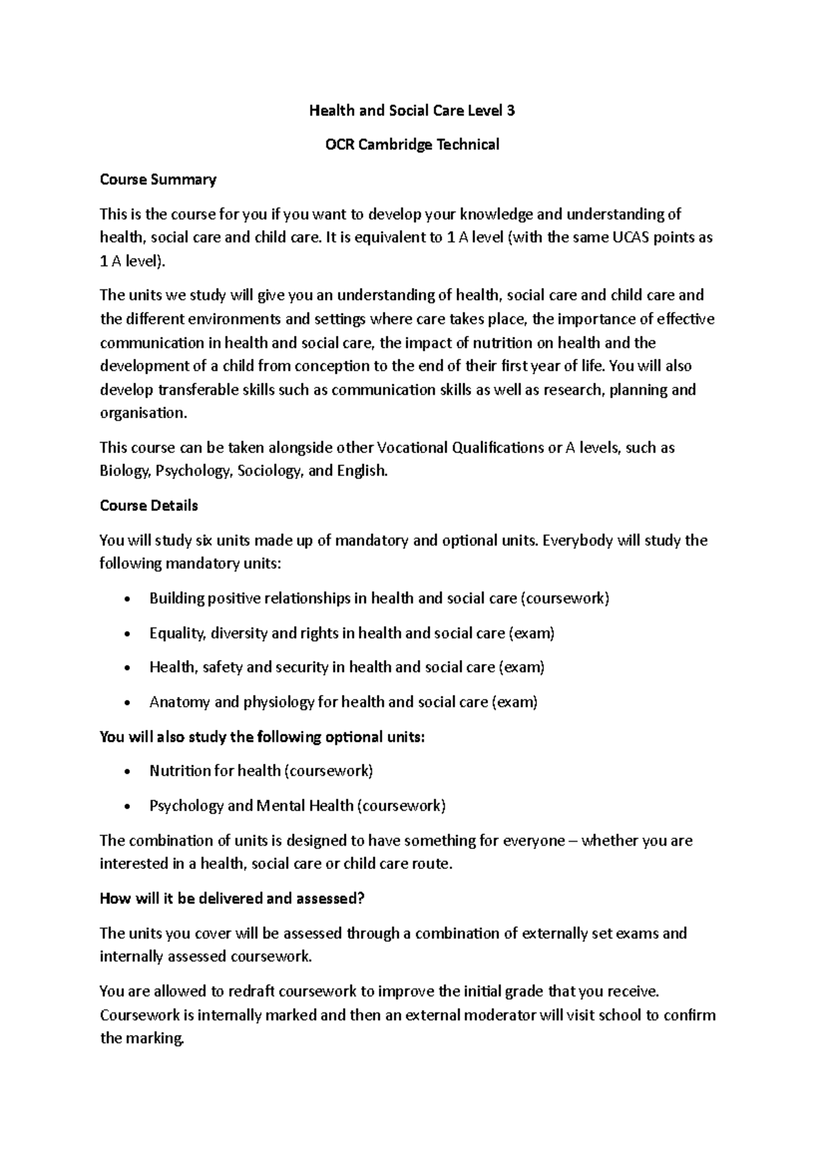 Health and Social Care L3 Course Outline - Overview & Units Details ...