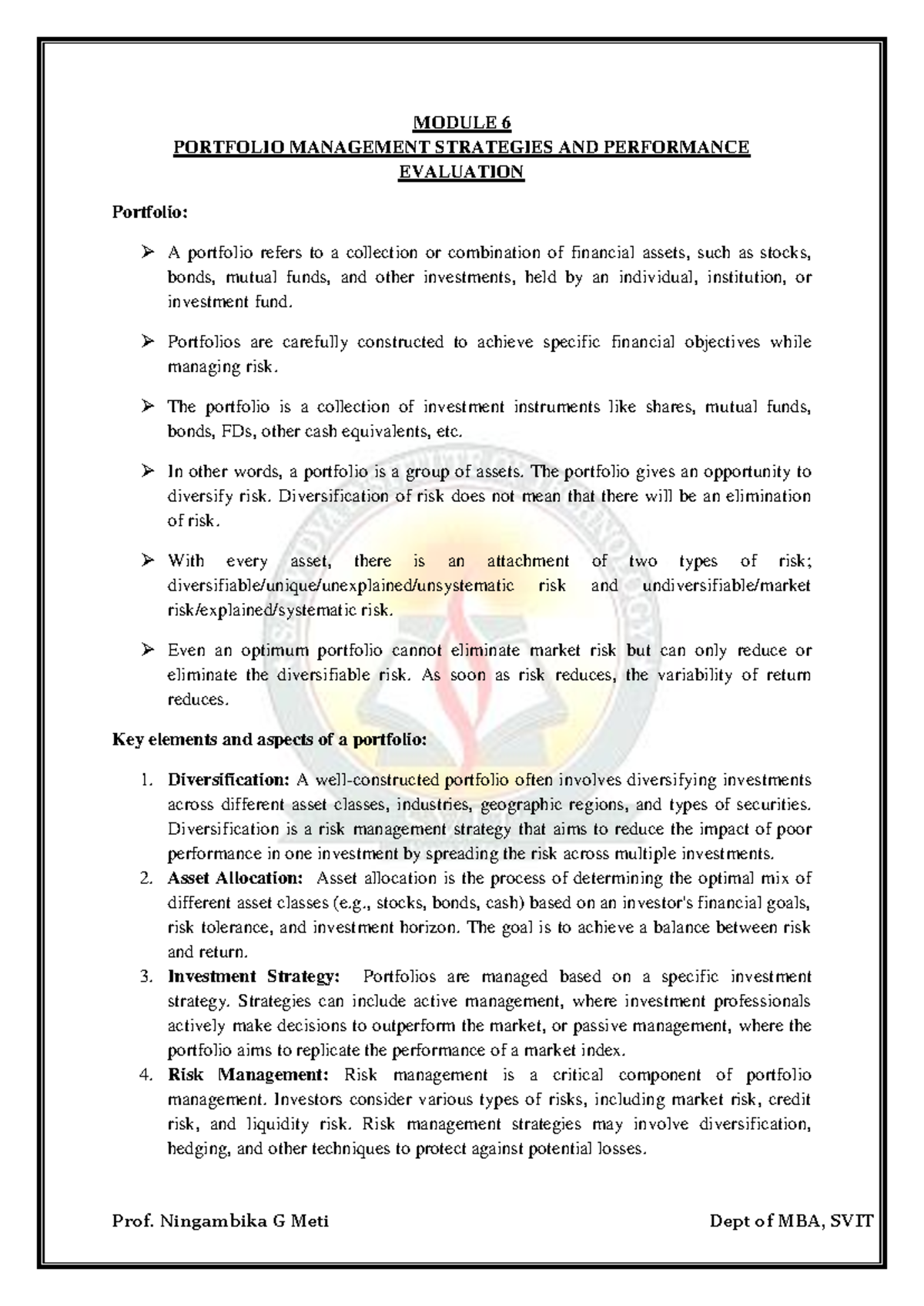 MODULE 6 - Portfolio Management Strategies & Performance Evaluation ...
