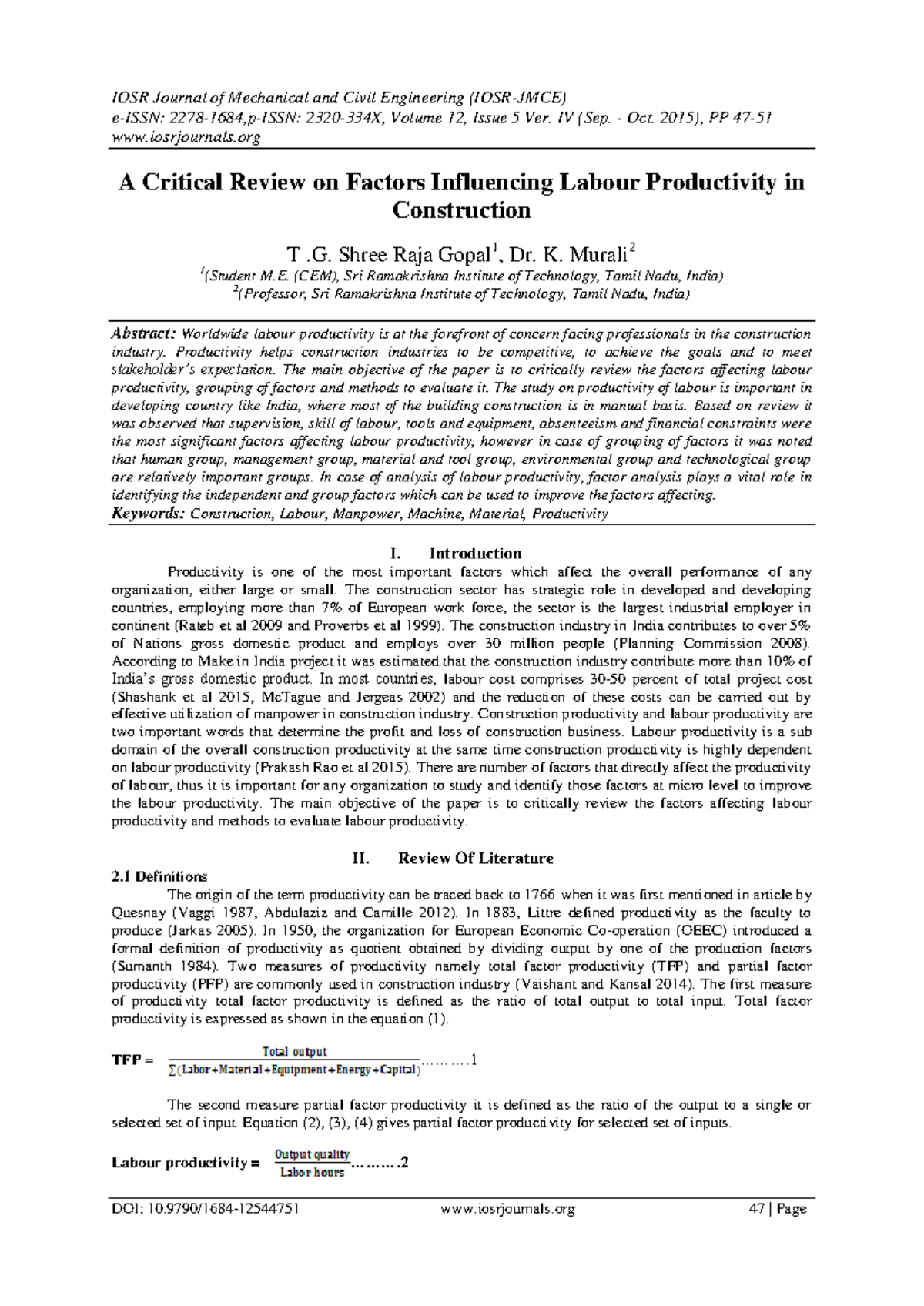 Critical Review on Labour Productivity Influencing Factors in ...