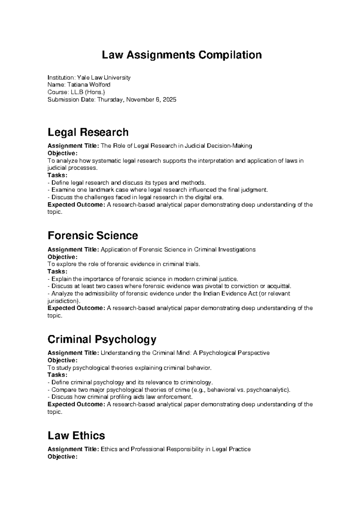LL.B (Hons.) Law Assignments Compilation by Tatiana Wolford - Studocu