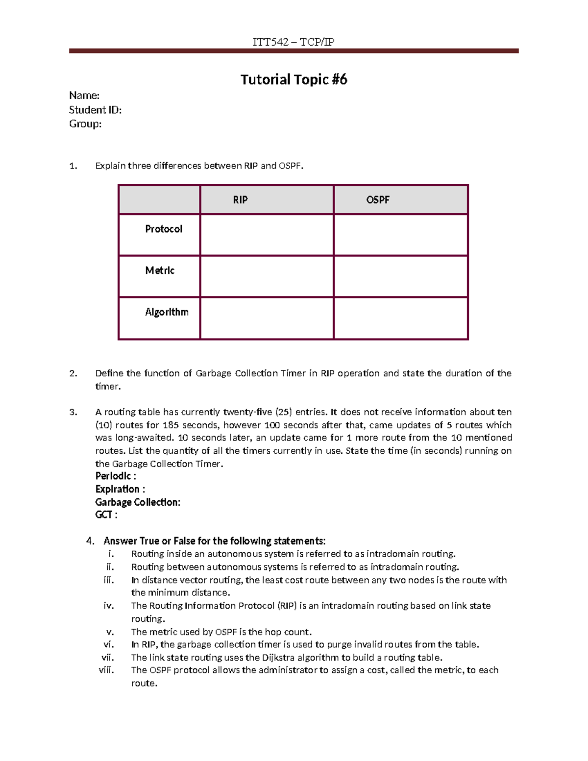 ITT542 Tutorial Topic 6: Differences Between RIP and OSPF - Studocu